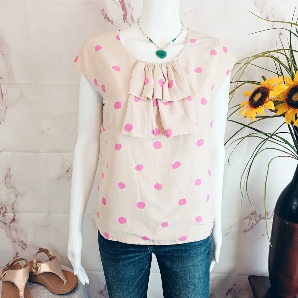 Kate Spade Polka Dot Ruffle Blouse Pink Cream Silk Side Zip Lined